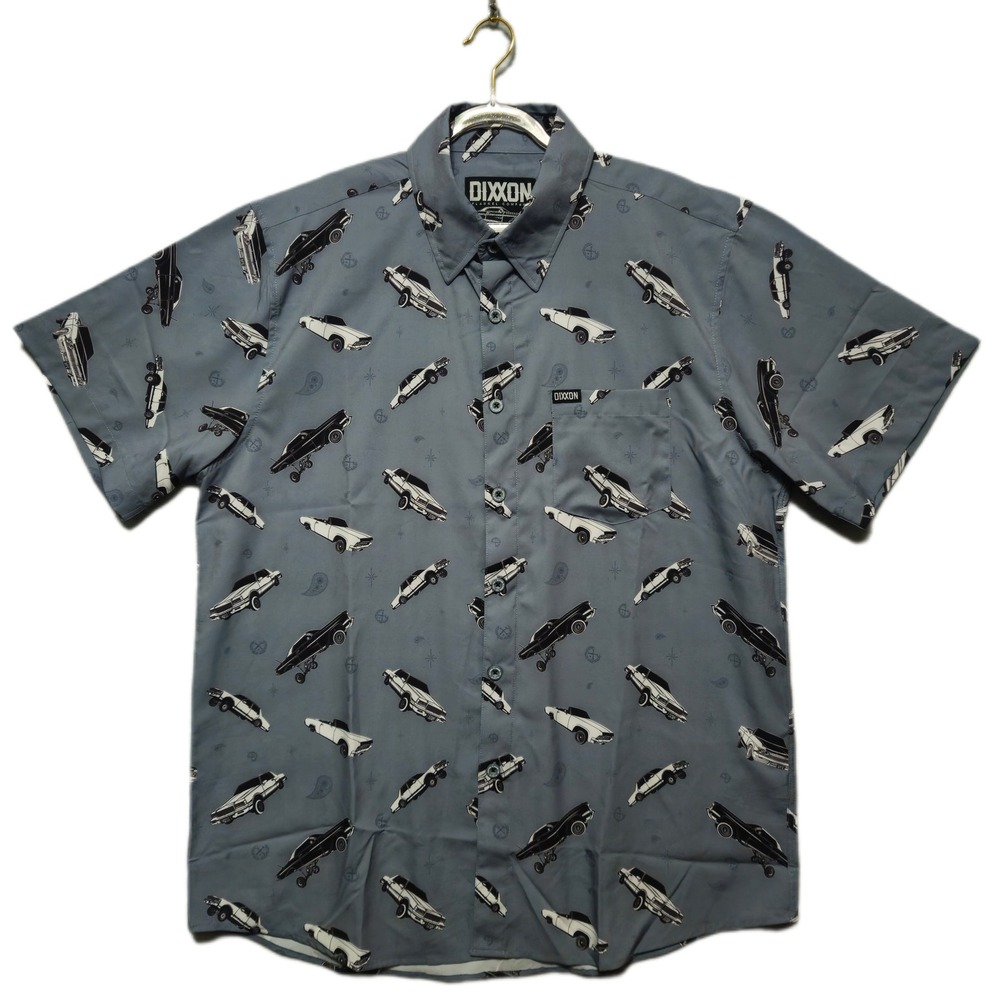 DIXXON Men's Blue Short Sleeve Button-Down Shirt with Black & White Car Print